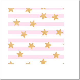 pink and white stripes with gold stars kawaii Posters and Art